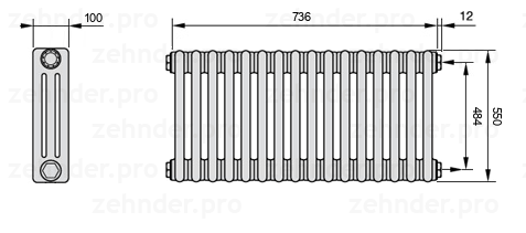 Схема (чертеж) Радиатор Zehnder Charleston 3055/16 №7610 Белый глянцевый RAL 9016